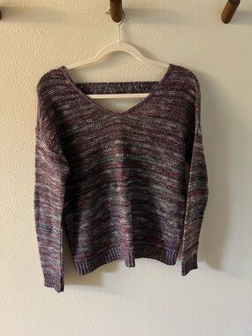 Express Marled Purple And Blue V-Neck Twisted Open Back Sweater XS Knitted